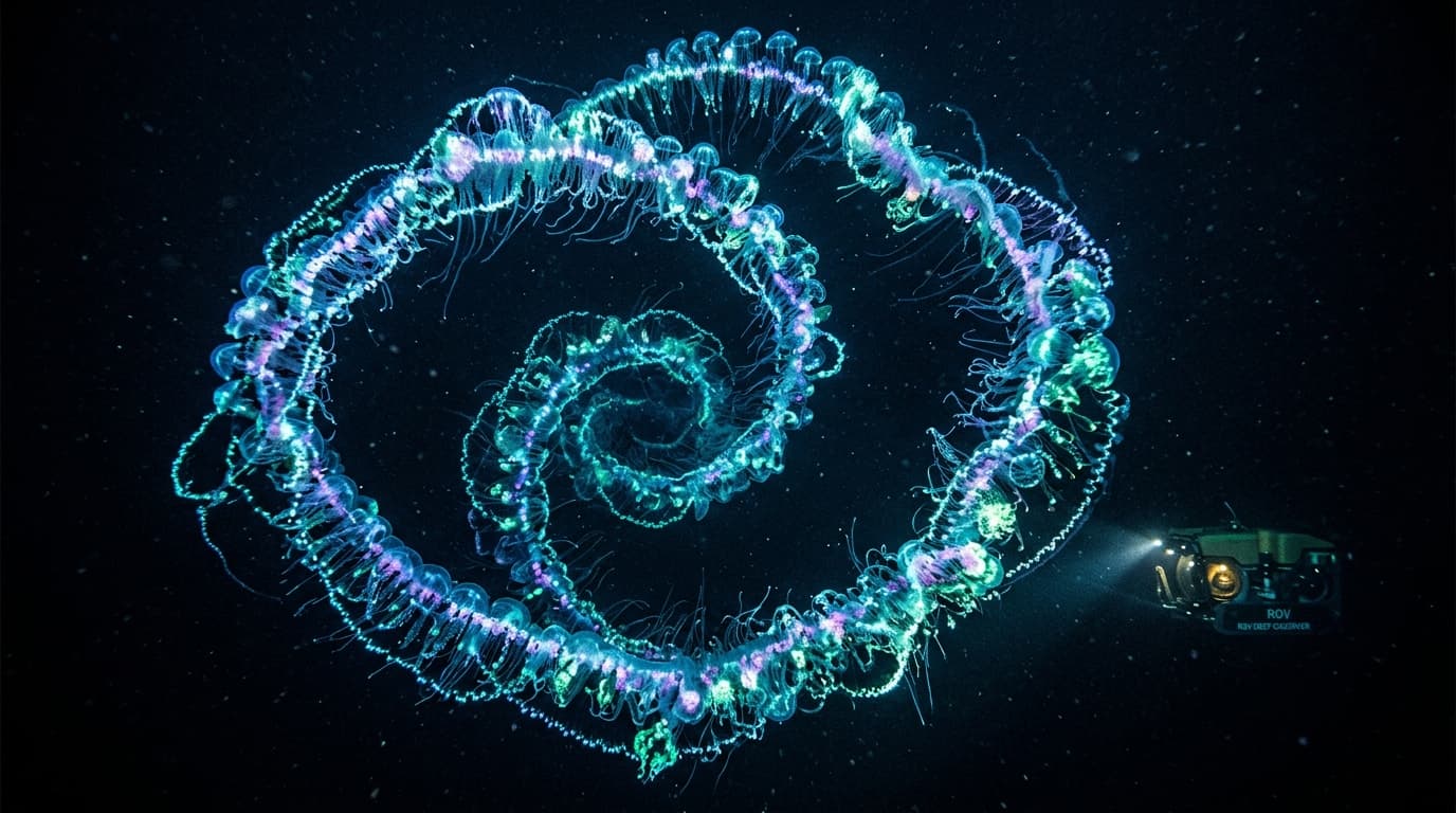 The 45-Meter Living Spiral: Deep Sea Siphonophore Colony
