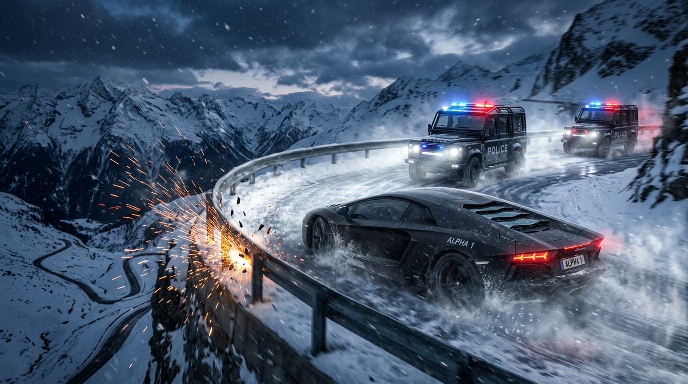 Alpine Pursuit: Armored Supercar Cliffside Drift in Snow