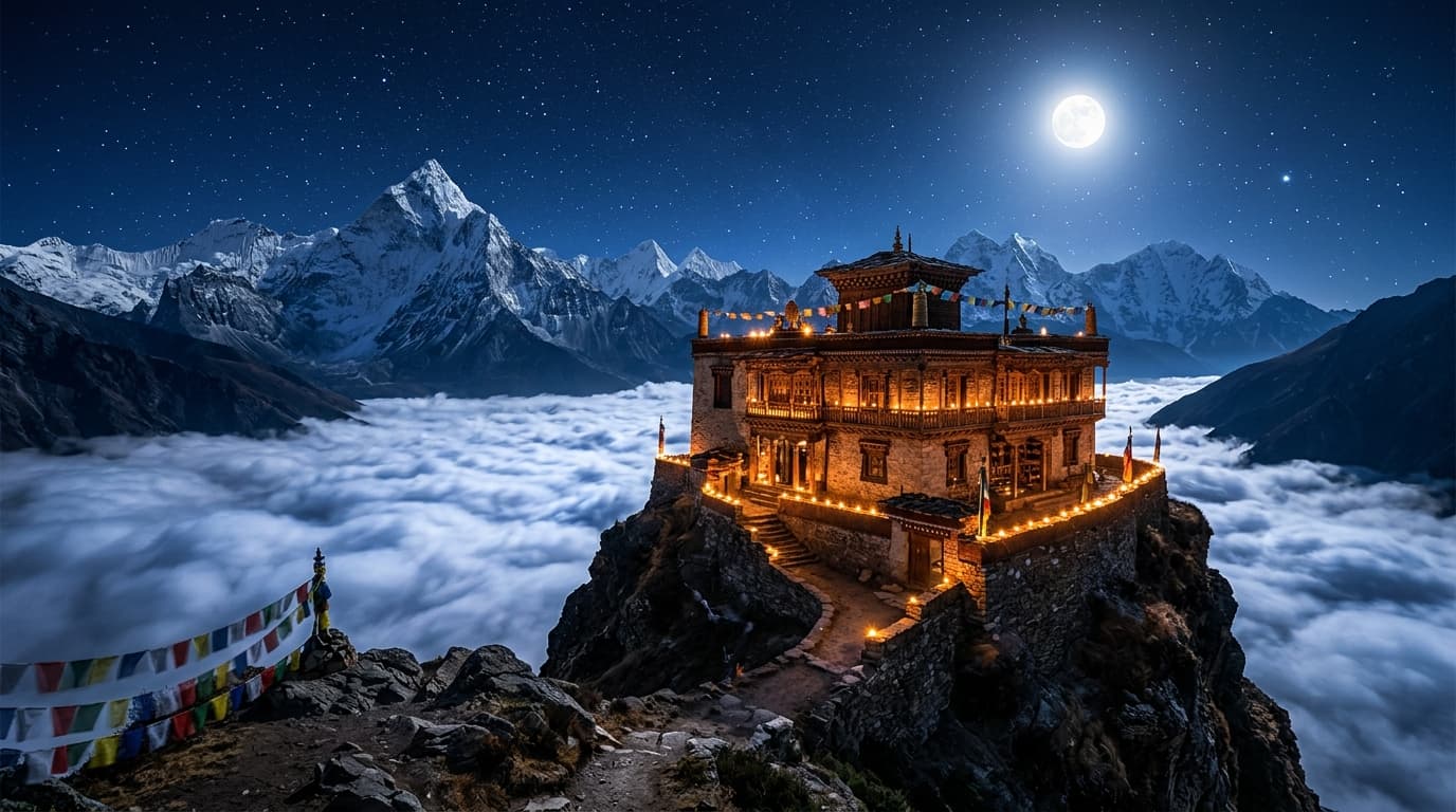 Moonlit Sanctuary: Ancient Himalayan Cliff Monastery at Night
