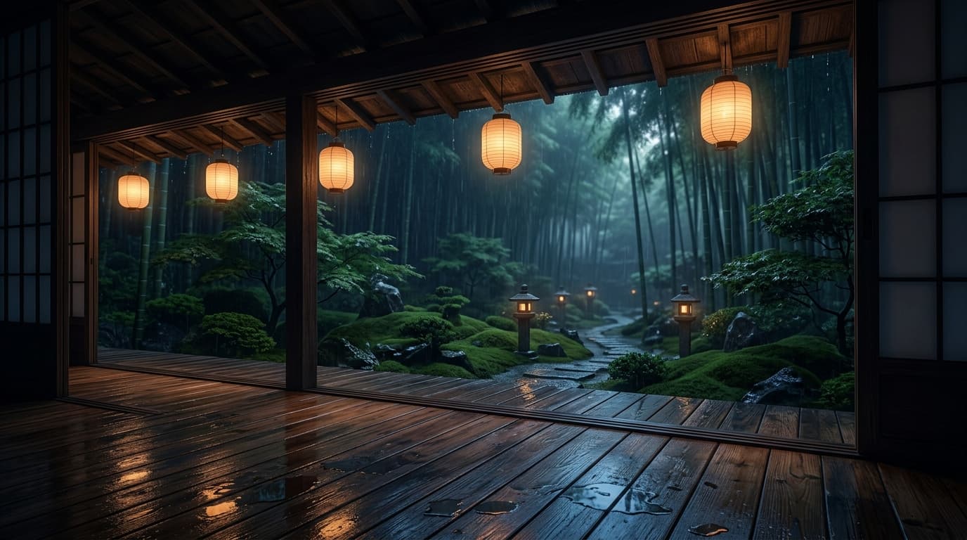 Rainy Kyoto Temple Midnight Garden